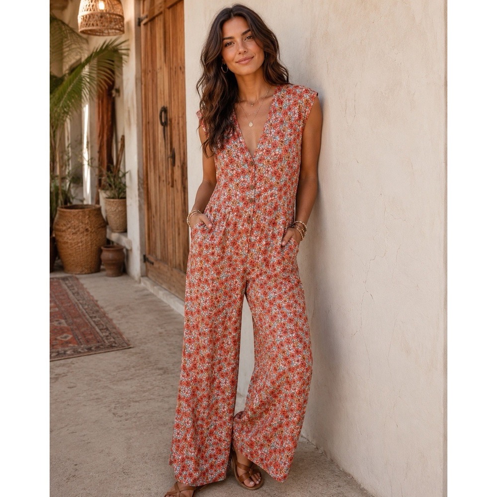 Three Bird Nest Jumpsuit Size S Floral Pockets Wide Legs Lagenlook Boho Travel